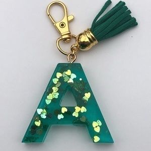 Handmade A Teal & Gold Hearts Resin Glitter Key Chain Bag Charm
